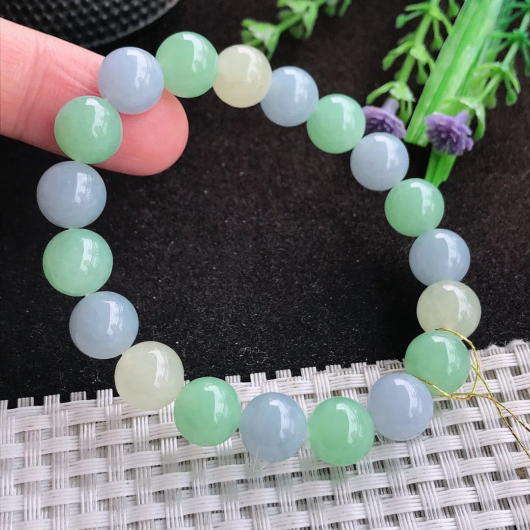 自然光9.8/19颗颗老坑冰胶果冻三彩手链翡翠玉珠圆珠链女士百搭