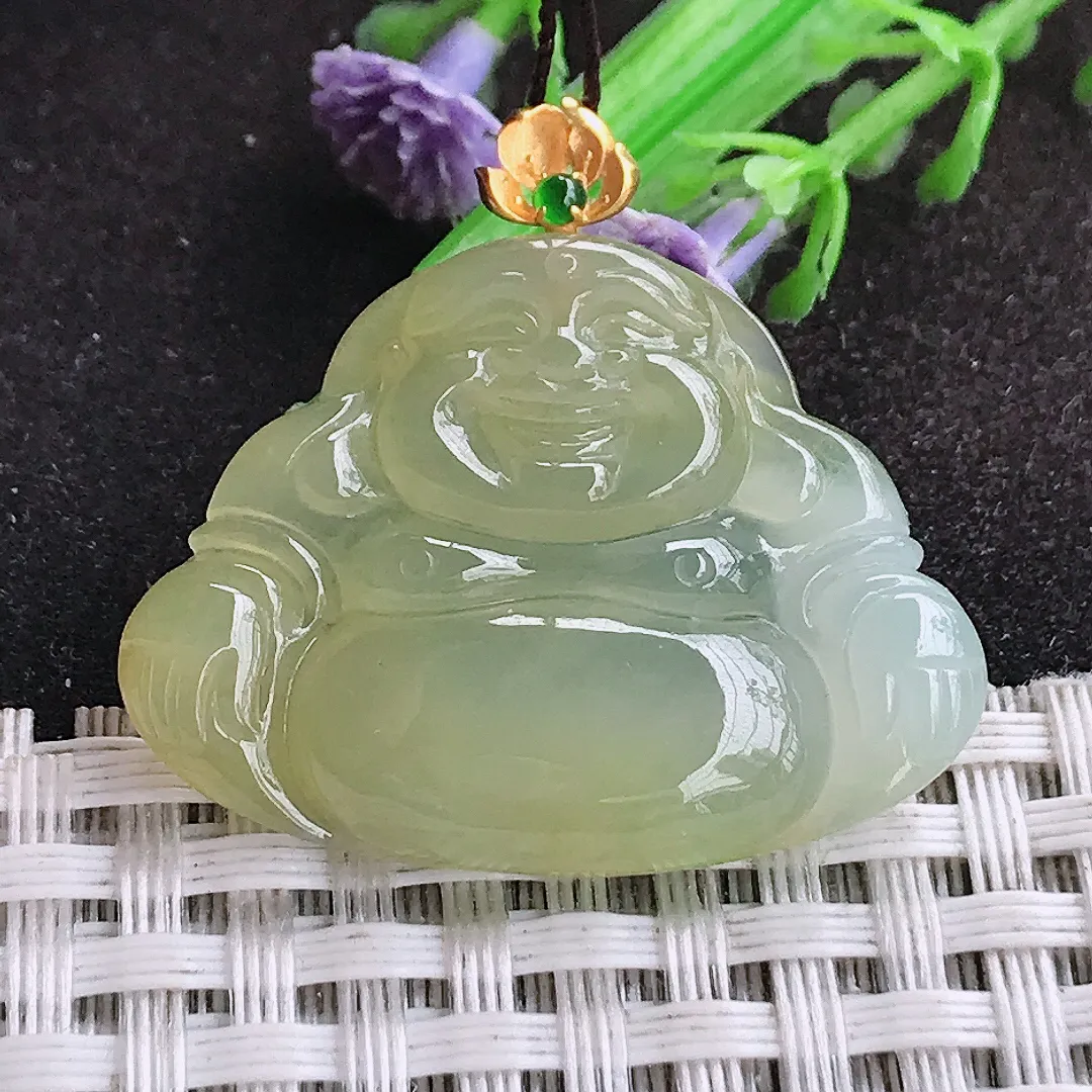 自然光25.5/33.6/5老坑18k金镶嵌冰胶黄翡佛公吊坠翡翠玉坠挂件