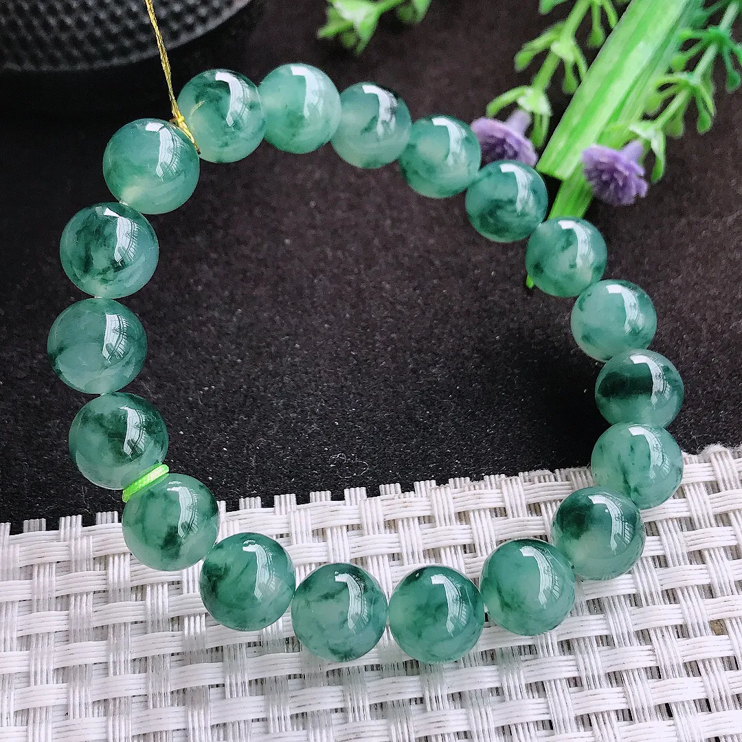 自然光10/19颗老坑冰胶果冻冰飘花玉珠手链翡翠玉珠链女士百搭