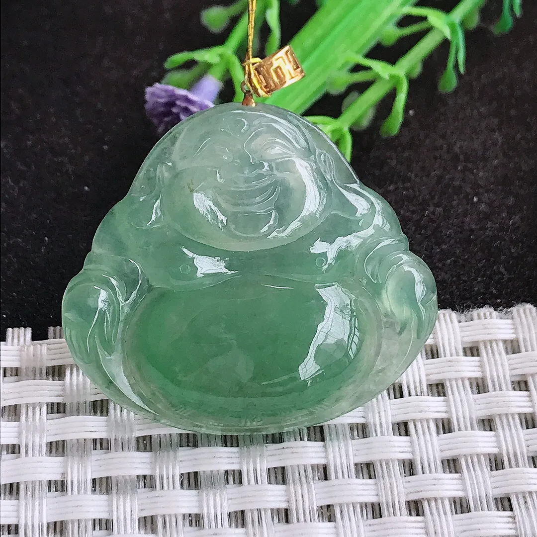 自然光32/36/6.8老坑18k金镶嵌冰胶油绿佛公吊坠翡翠玉坠挂件