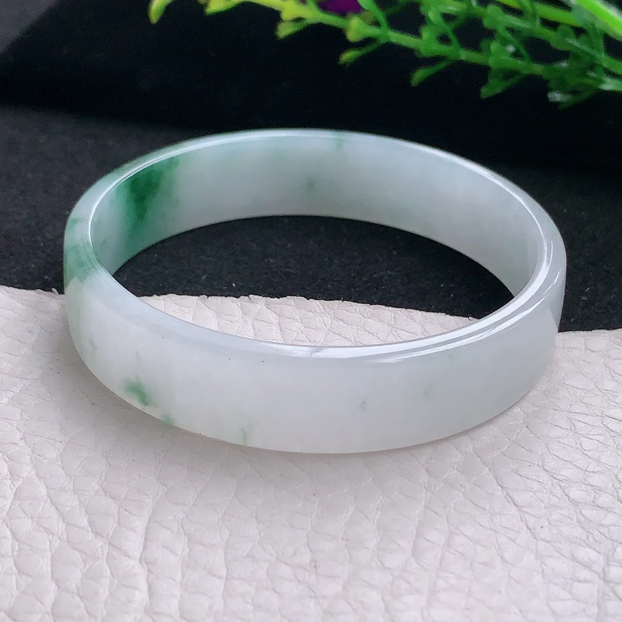 ss小圈口52.5*12*3.8宽扁镯 天然缅甸翡翠a货飘花秀气宽边珠宝玉手镯