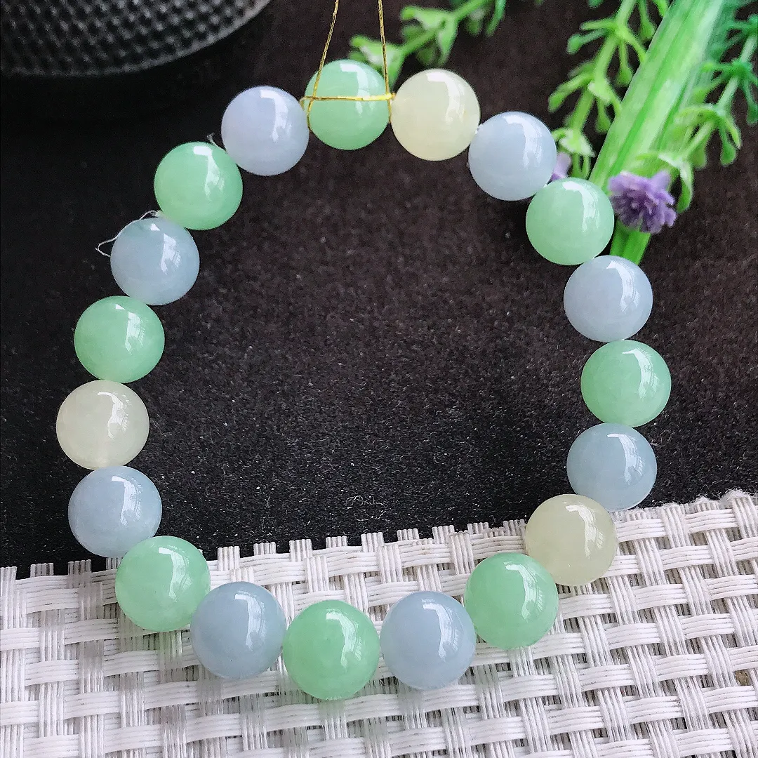 自然光9.8/19颗颗老坑冰胶果冻三彩手链翡翠玉珠圆珠链女士百搭