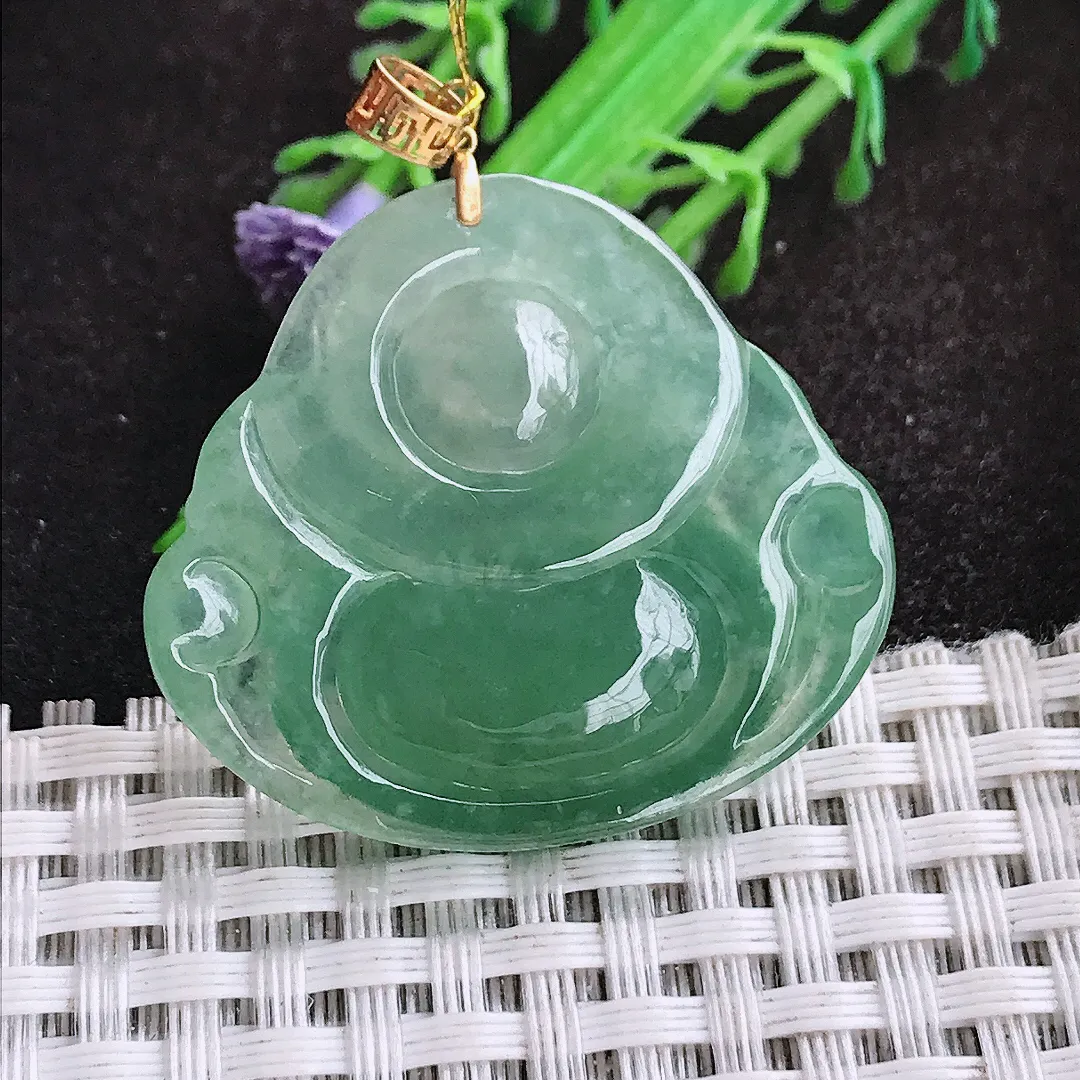 自然光32/36/6.8老坑18k金镶嵌冰胶油绿佛公吊坠翡翠玉坠挂件