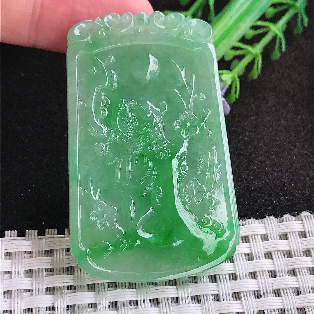 自然光54.2/34.5/4.2老坑精美冰润满绿阳绿喜上眉梢吊坠翡翠花鸟玉坠挂件