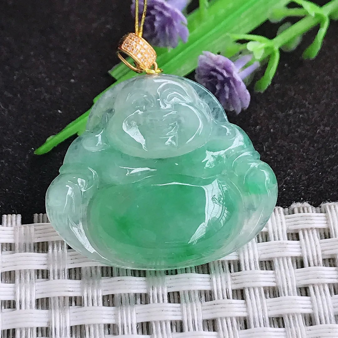 自然光25.8/30/5.8老坑18k金镶嵌冰胶阳绿佛公吊坠翡翠玉坠挂件