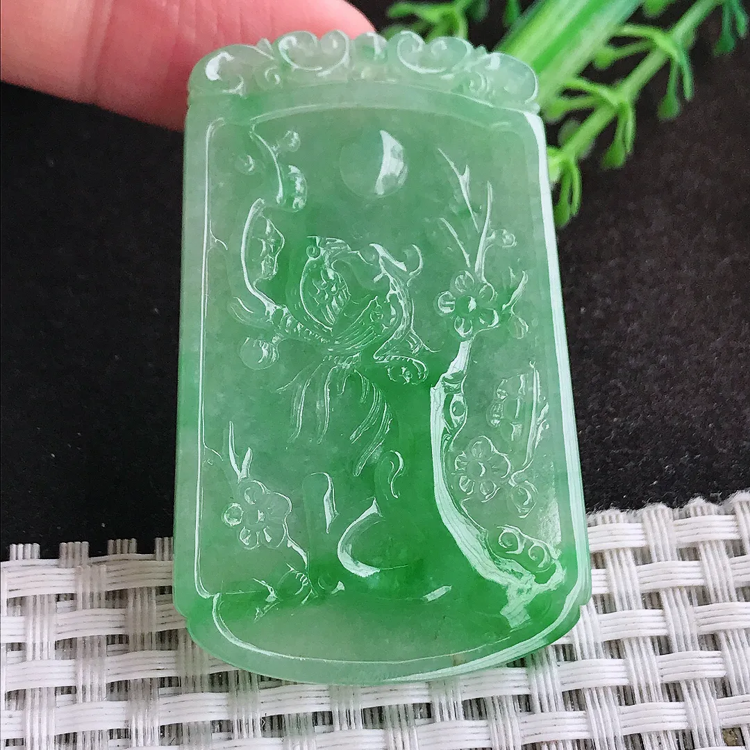 自然光54.2/34.5/4.2老坑精美冰润满绿阳绿喜上眉梢吊坠翡翠花鸟玉坠挂件