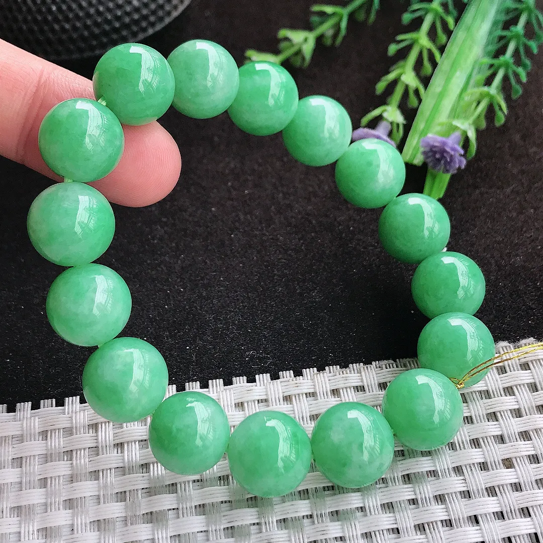 自然光12.8/16颗老坑精美温润满绿圆珠手链翡翠玉珠链女士百搭