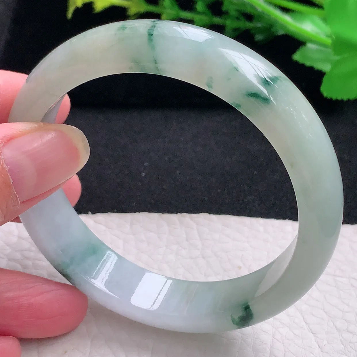 xh自然光58*14*7.8平安镯 天然缅甸翡翠a货冰飘花宽边珠宝玉手镯