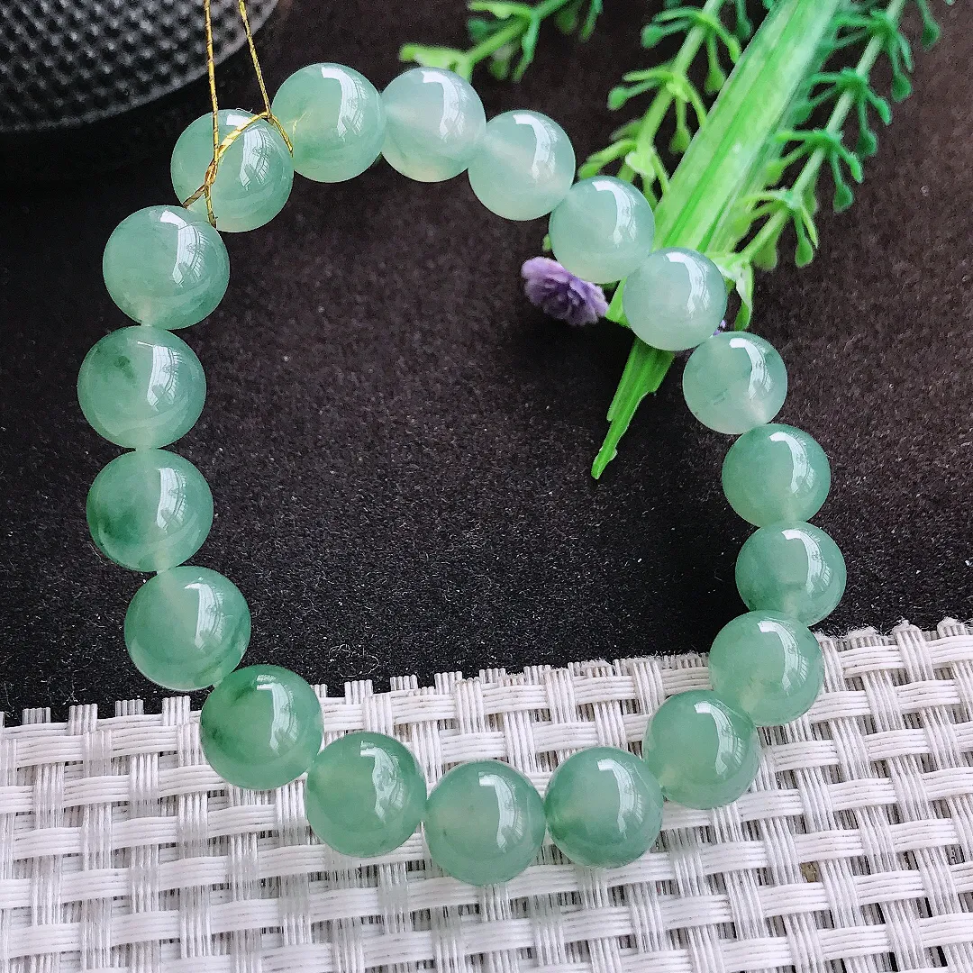 自然光9.9/19颗老坑冰透果冻胶冰晴飘花手链翡翠玉珠链女士百搭