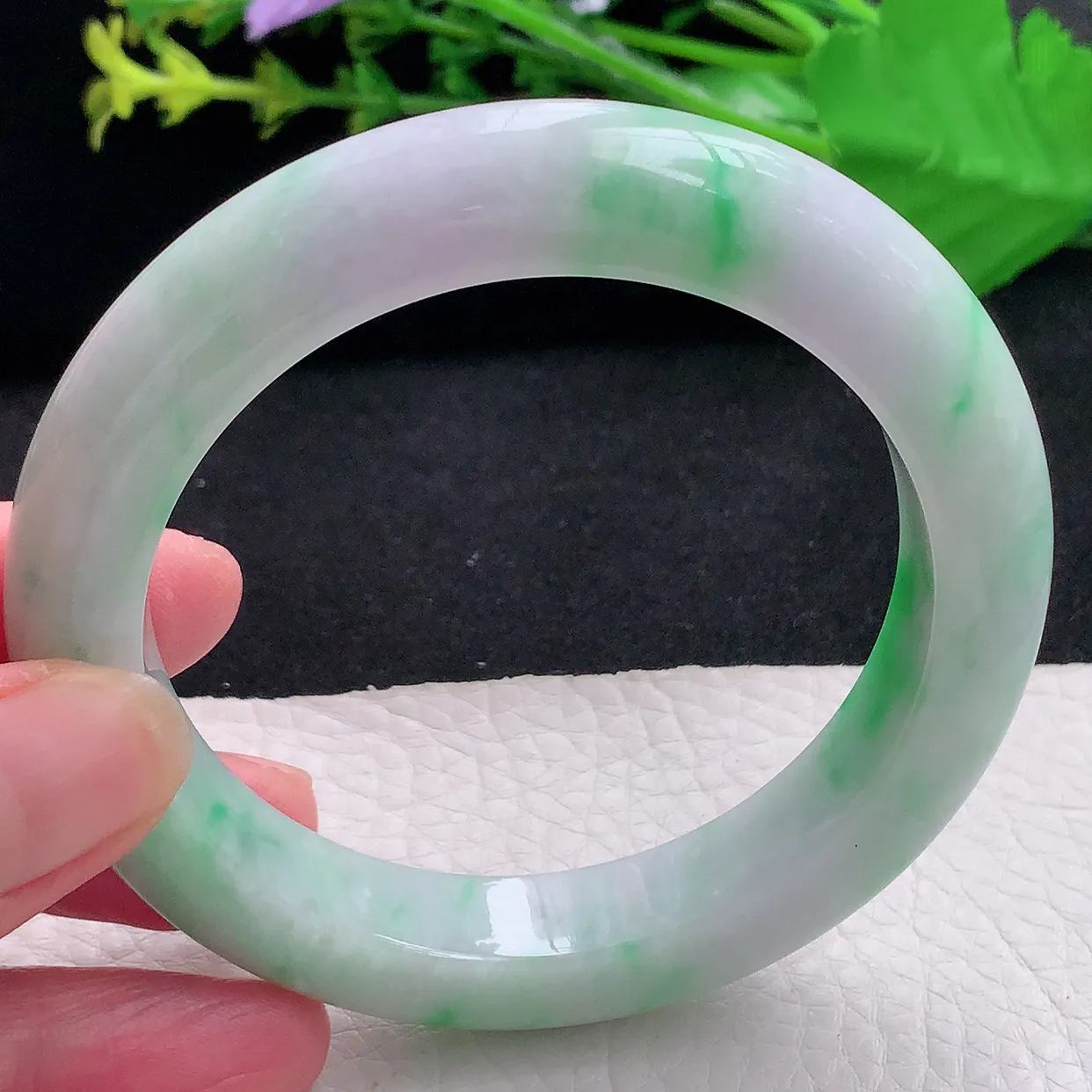 pj自然光58*11.8*10.5平安镯 天然缅甸翡翠a货春带彩厚装宽边珠宝玉手镯