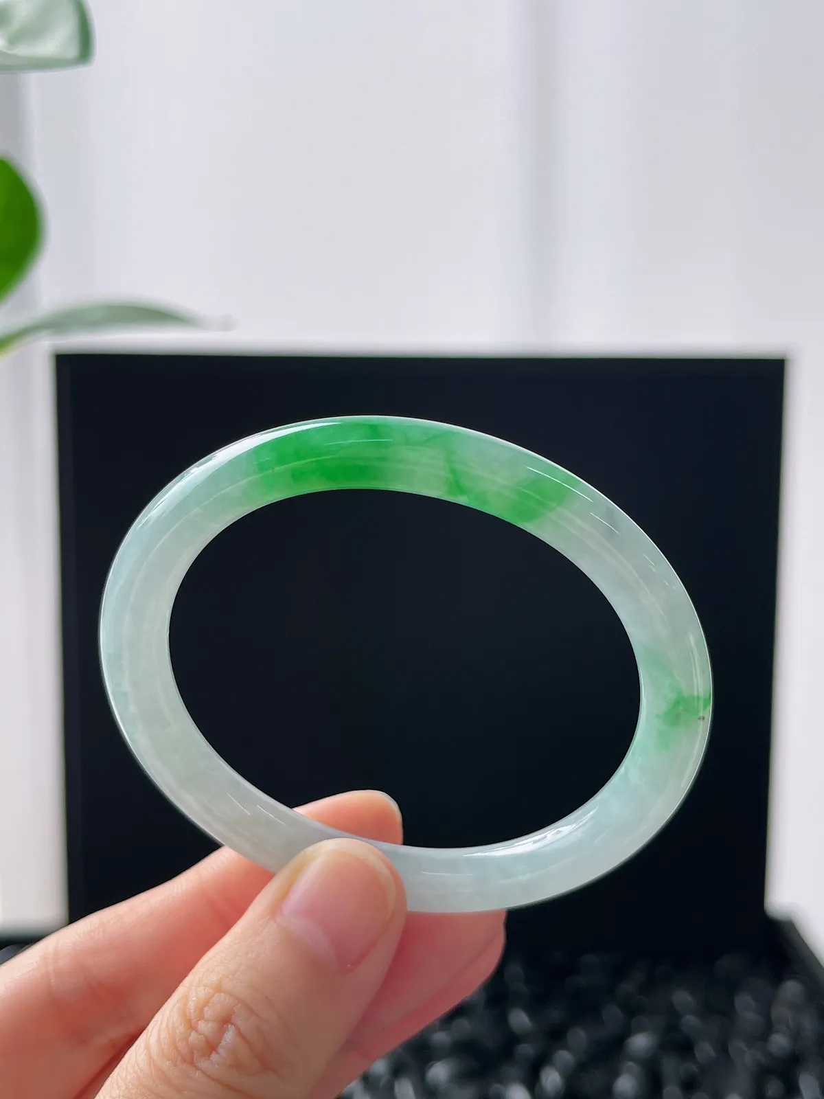 贵妃镯50.3圈口，翡翠冰糯种飘绿手镯