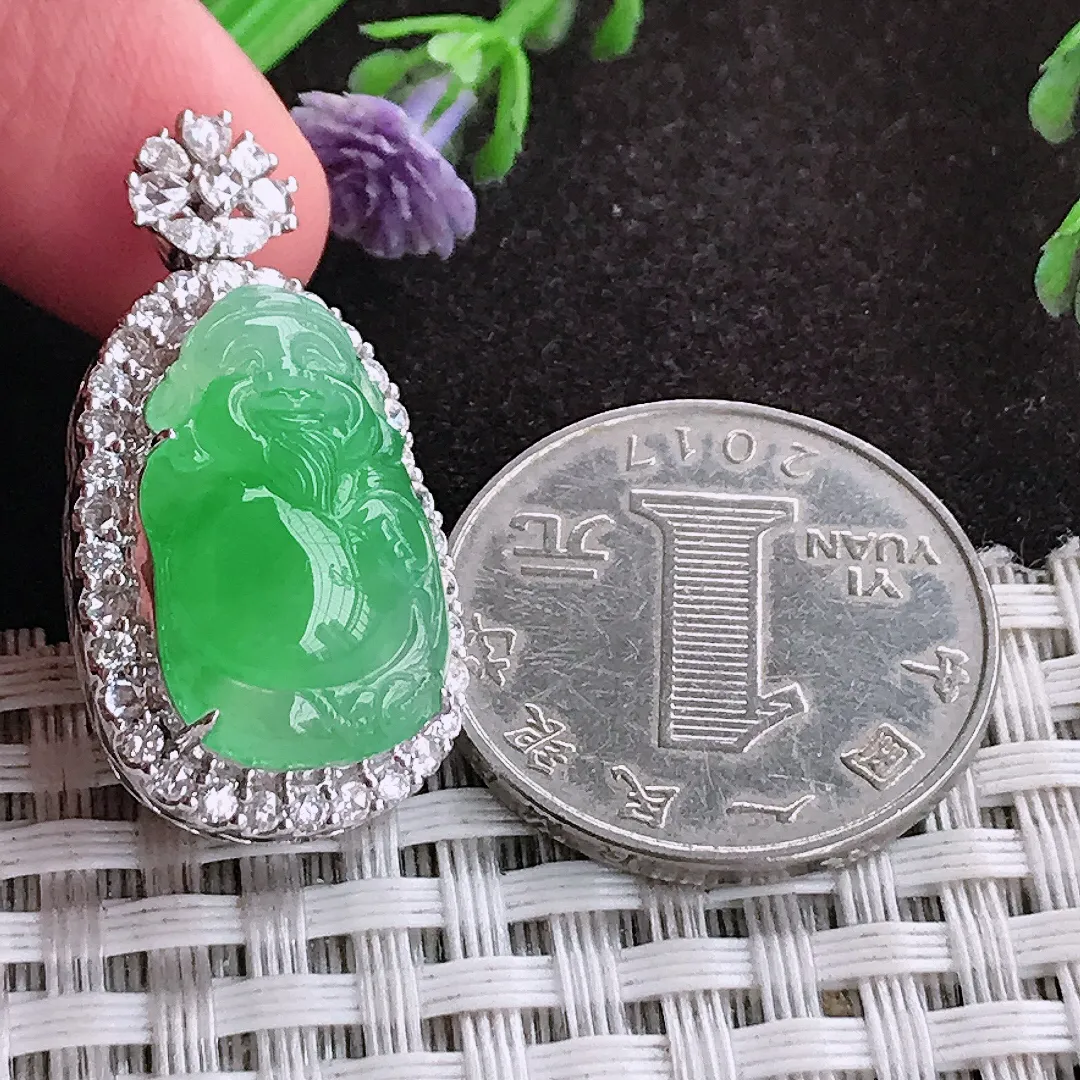 自然光31.5/16.3/12.2老坑18k金镶嵌冰种阳绿财神爷吊坠翡翠玉坠挂件