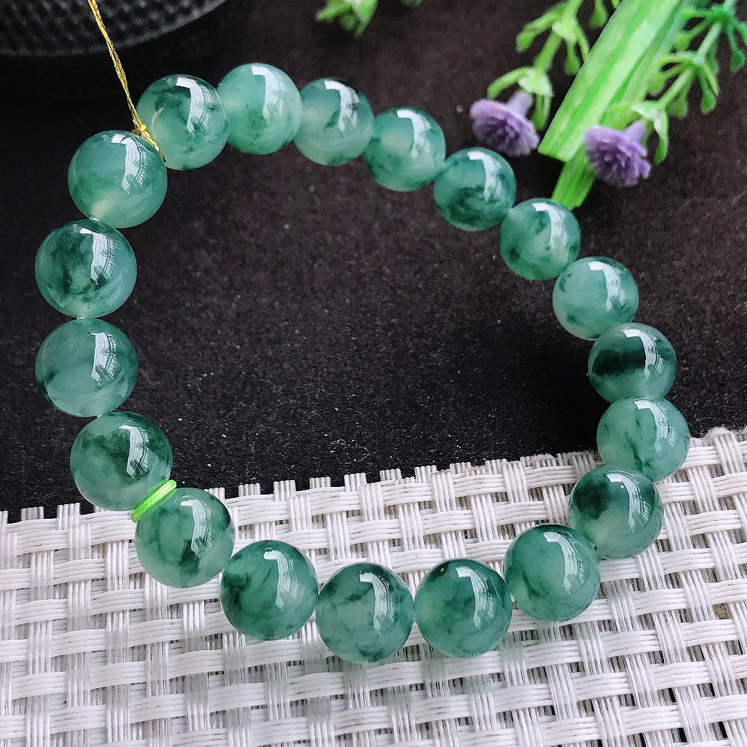 自然光10/19颗老坑冰胶果冻冰飘花玉珠手链翡翠玉珠链女士百搭