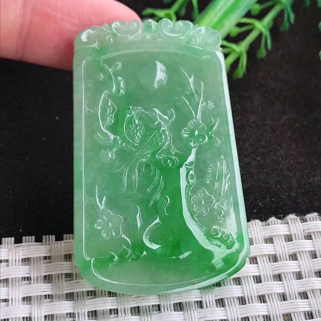 自然光54.2/34.5/4.2老坑精美冰润满绿阳绿喜上眉梢吊坠翡翠花鸟玉坠挂件