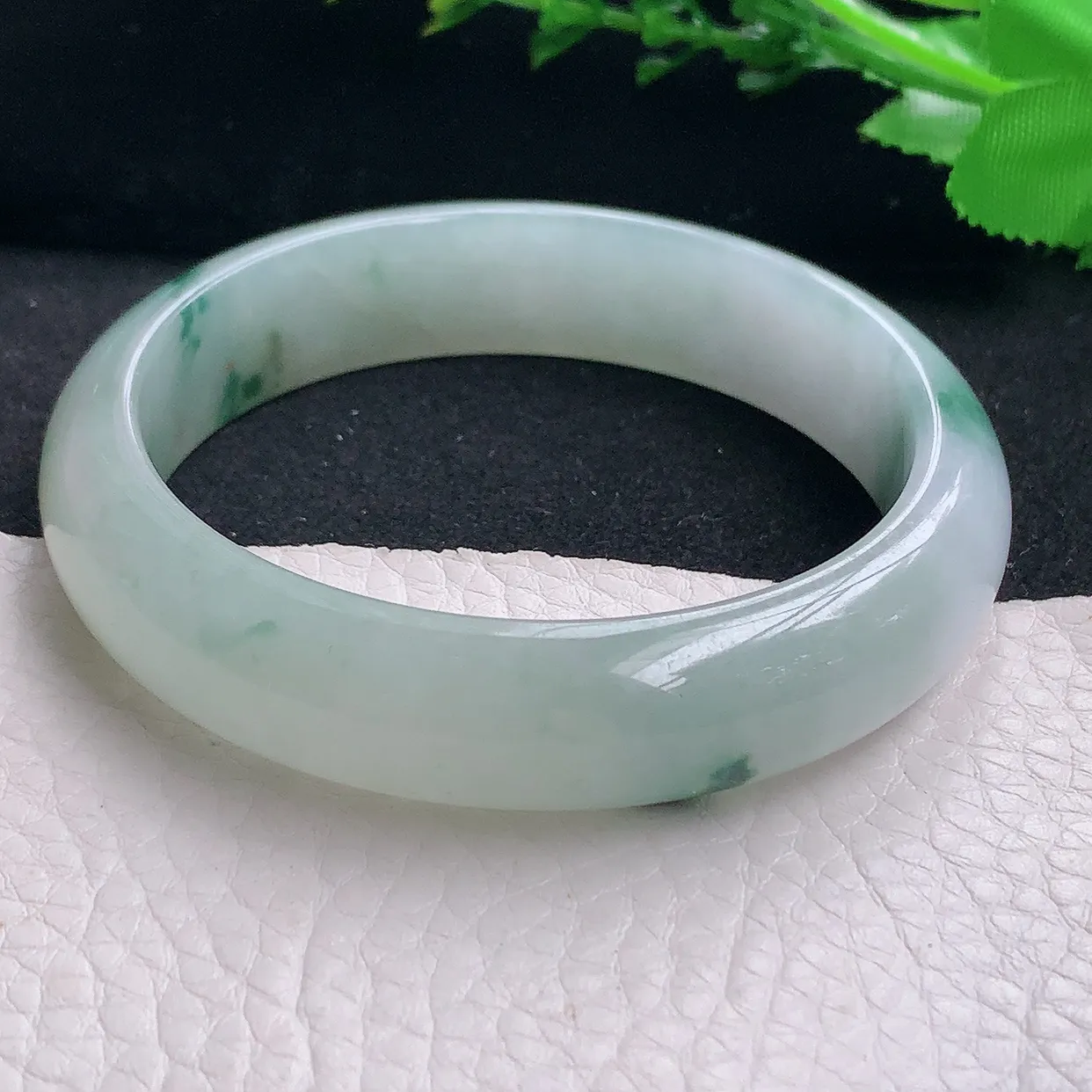 xh自然光58*14*7.8平安镯 天然缅甸翡翠a货冰飘花宽边珠宝玉手镯