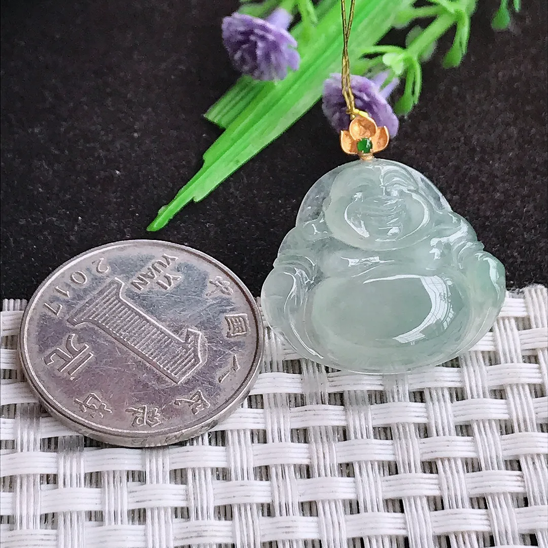 自然光22.5/25.8/5.8老坑18k金镶嵌冰种冰晴佛公吊坠翡翠玉佛挂件