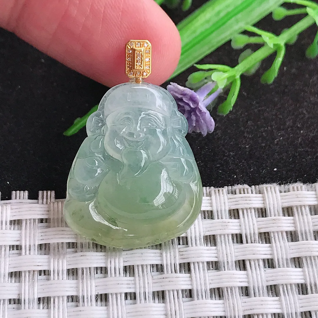 自然光24.6/20.3/4.8老坑18k金镶嵌冰胶果冻黄翡财神爷吊坠翡翠玉坠挂件