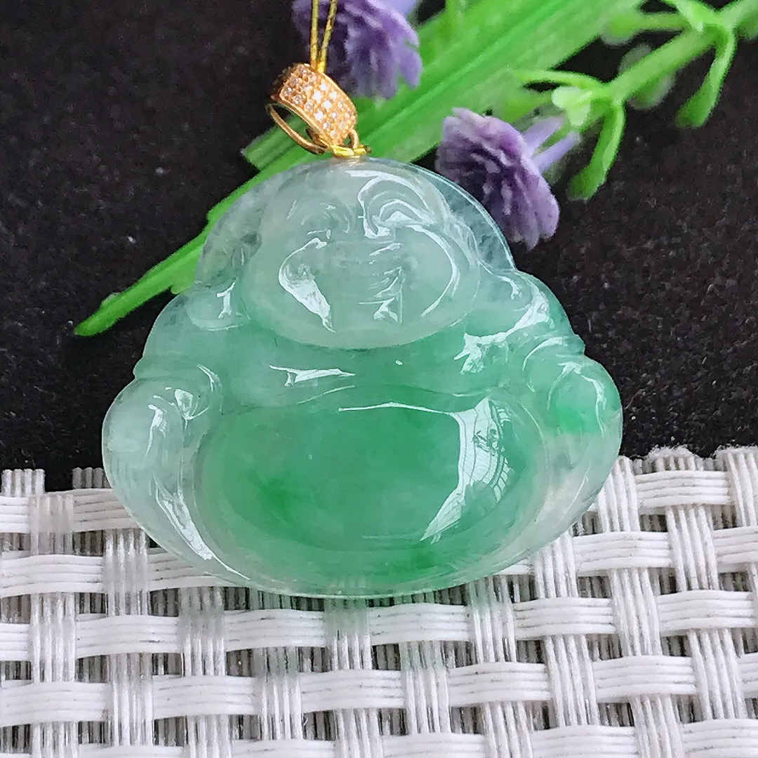 自然光25.8/30/5.8老坑18k金镶嵌冰胶阳绿佛公吊坠翡翠玉坠挂件