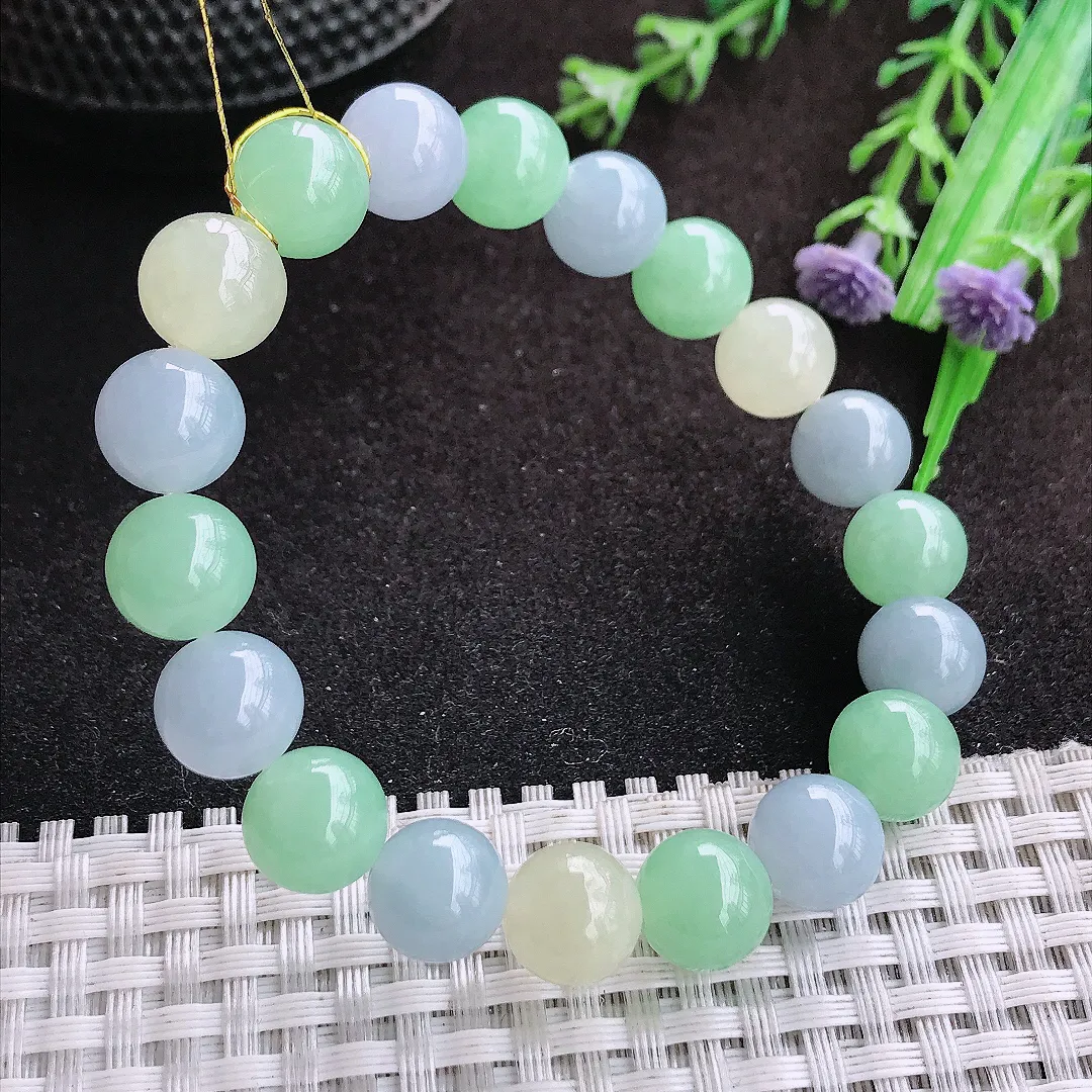 自然光9.8/19颗颗老坑冰胶果冻三彩手链翡翠玉珠圆珠链女士百搭