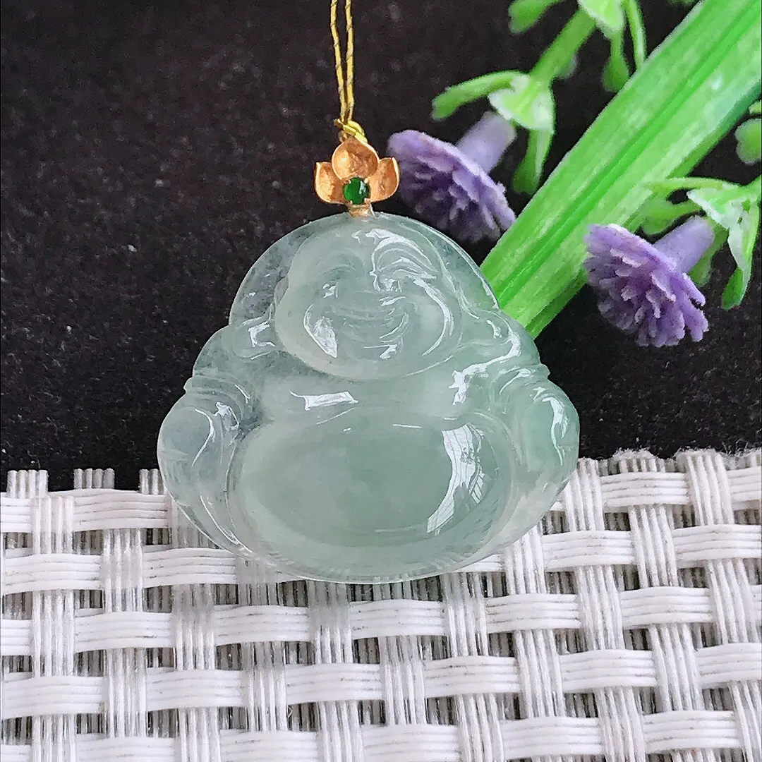 自然光22.5/25.8/5.8老坑18k金镶嵌冰种冰晴佛公吊坠翡翠玉佛挂件