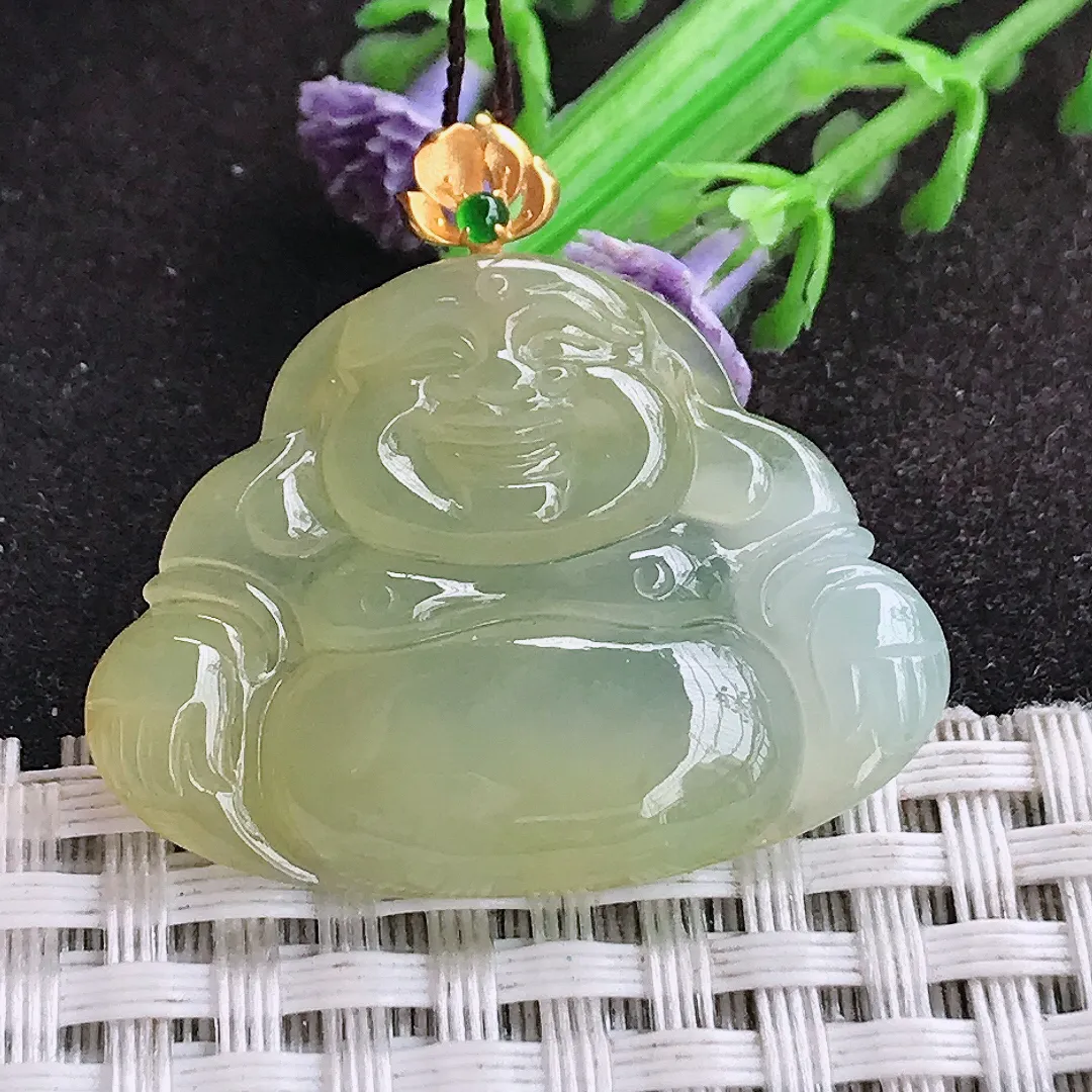 自然光25.5/33.6/5老坑18k金镶嵌冰胶黄翡佛公吊坠翡翠玉坠挂件