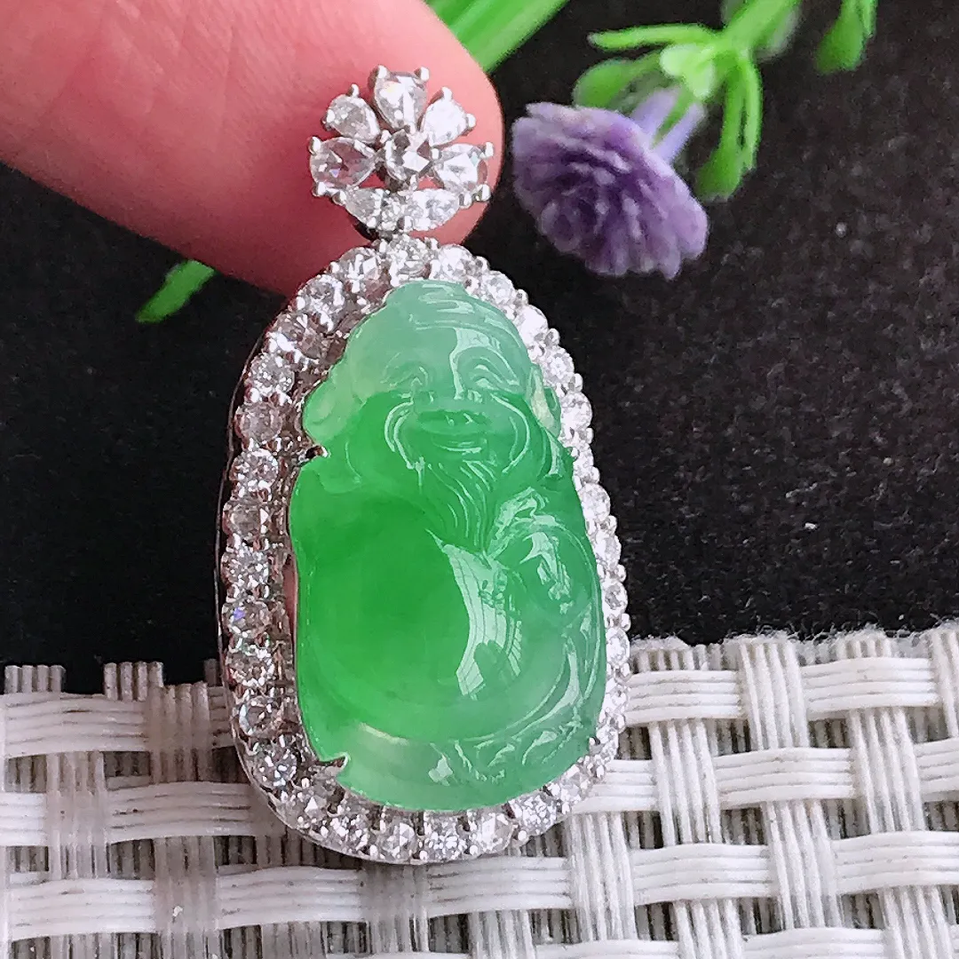 自然光31.5/16.3/12.2老坑18k金镶嵌冰种阳绿财神爷吊坠翡翠玉坠挂件