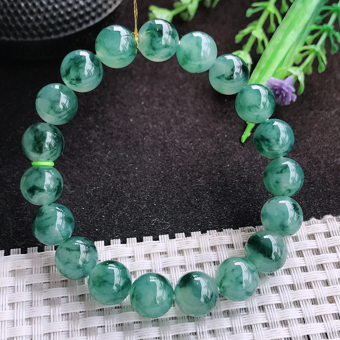 自然光10/19颗老坑冰胶果冻冰飘花玉珠手链翡翠玉珠链女士百搭