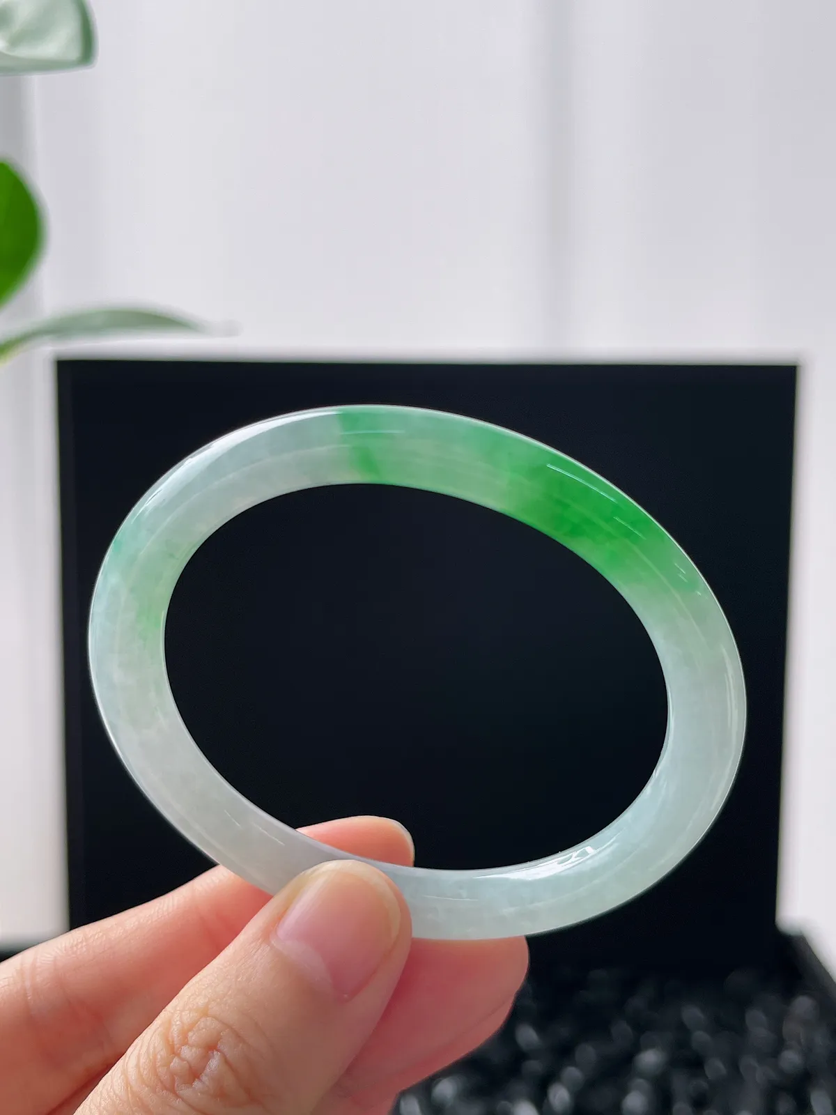 贵妃镯50.3圈口，翡翠冰糯种飘绿手镯