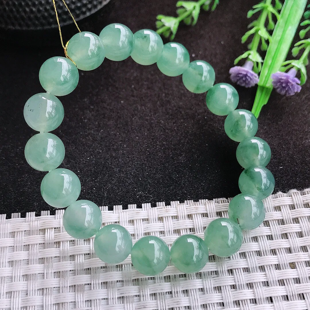 自然光9.9/19颗老坑冰透果冻胶冰晴飘花手链翡翠玉珠链女士百搭