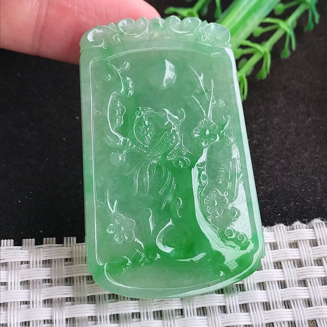 自然光54.2/34.5/4.2老坑精美冰润满绿阳绿喜上眉梢吊坠翡翠花鸟玉坠挂件