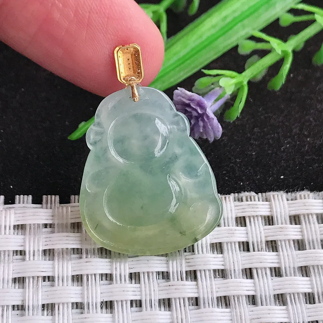 自然光24.6/20.3/4.8老坑18k金镶嵌冰胶果冻黄翡财神爷吊坠翡翠玉坠挂件