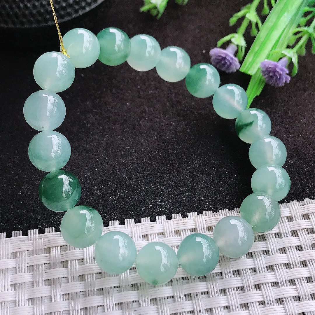 自然光9.9/19颗老坑冰种果冻冰飘花圆珠手链翡翠玉珠链女士百搭