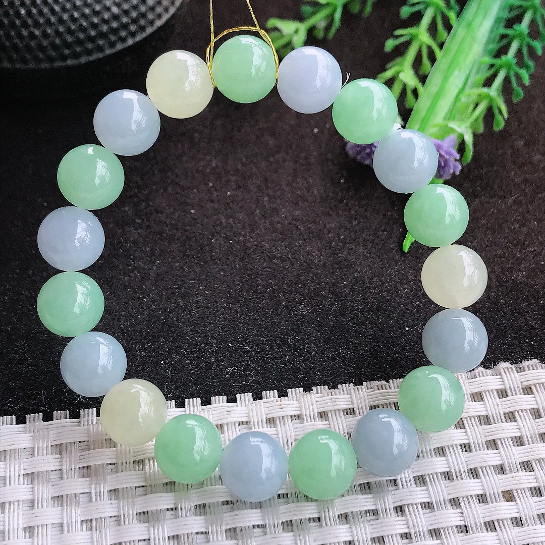 自然光9.8/19颗颗老坑冰胶果冻三彩手链翡翠玉珠圆珠链女士百搭