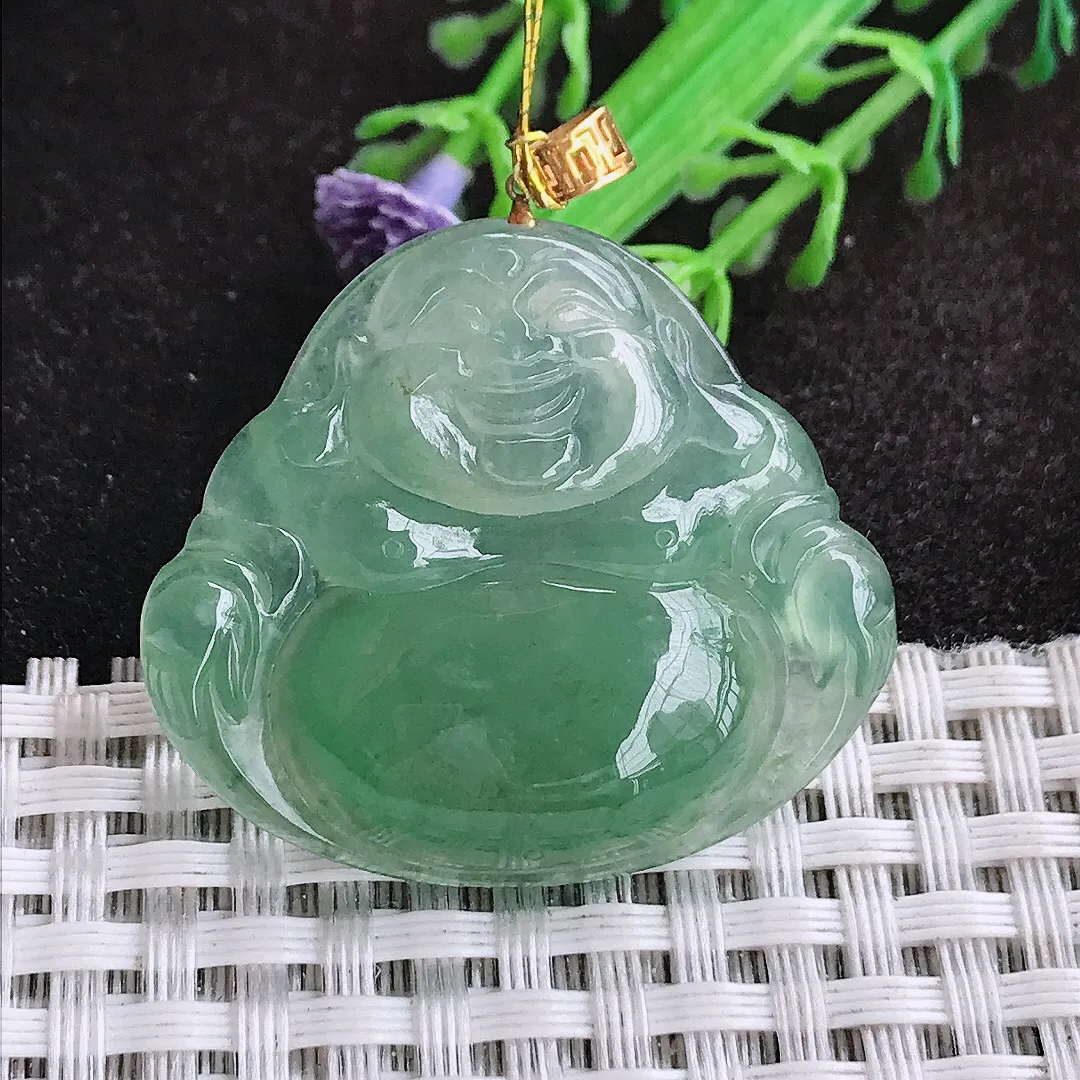 自然光32/36/6.8老坑18k金镶嵌冰胶油绿佛公吊坠翡翠玉坠挂件