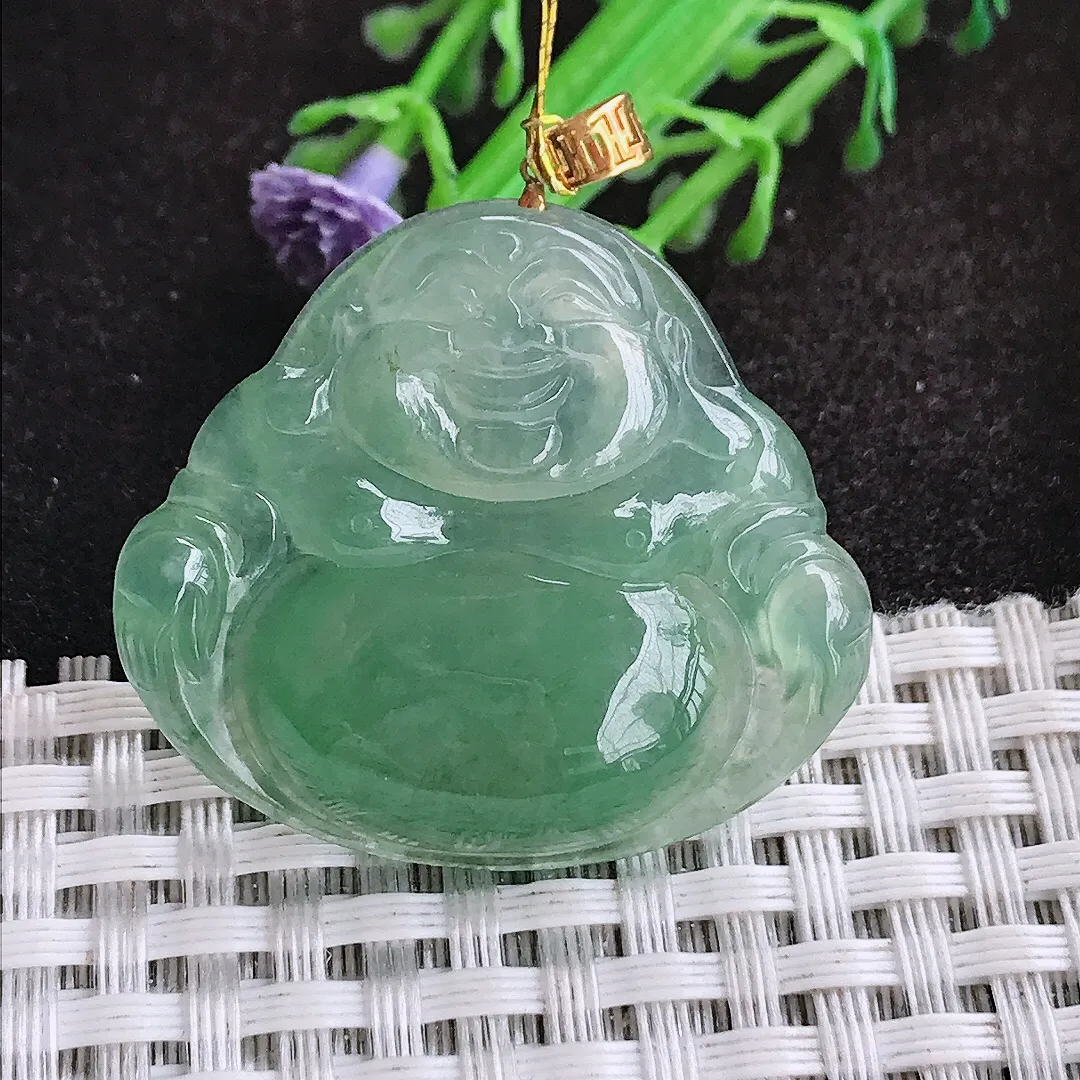 自然光32/36/6.8老坑18k金镶嵌冰胶油绿佛公吊坠翡翠玉坠挂件