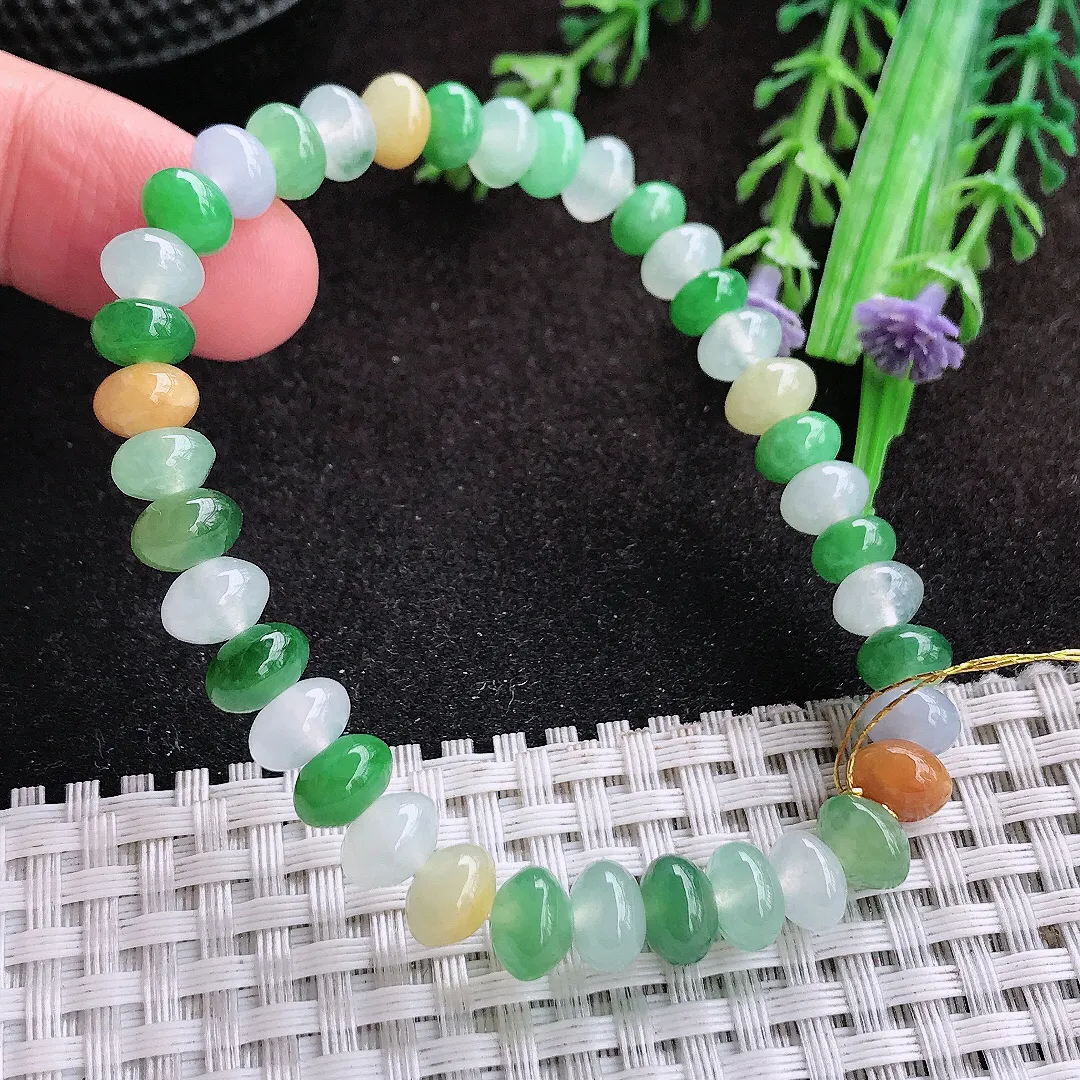 自然光7.3/5/38颗老坑冰透起胶艳丽三彩鼓珠手链翡翠玉珠链女士百搭