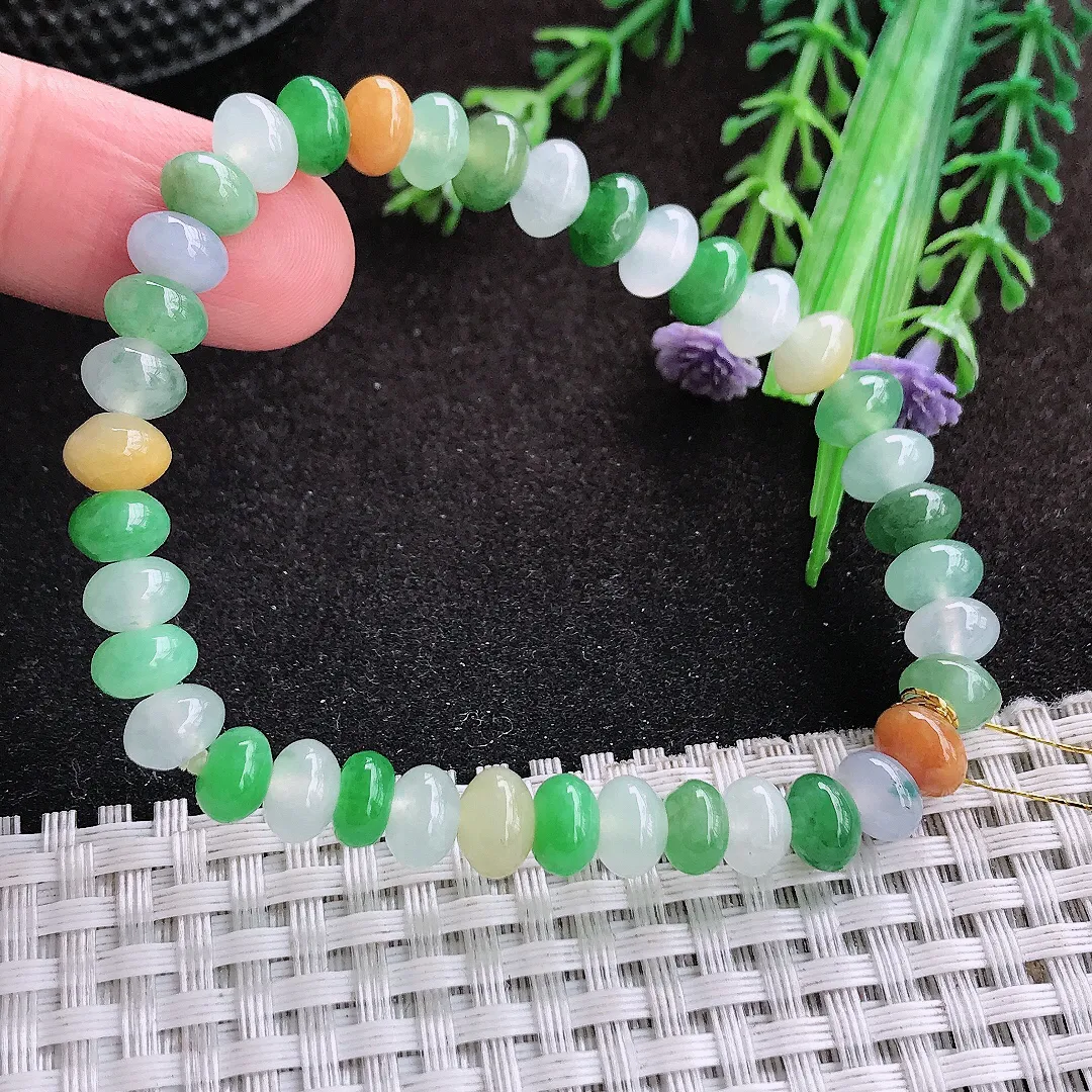 自然光7.3/5/38颗老坑冰透起胶艳丽三彩鼓珠手链翡翠玉珠链女士百搭