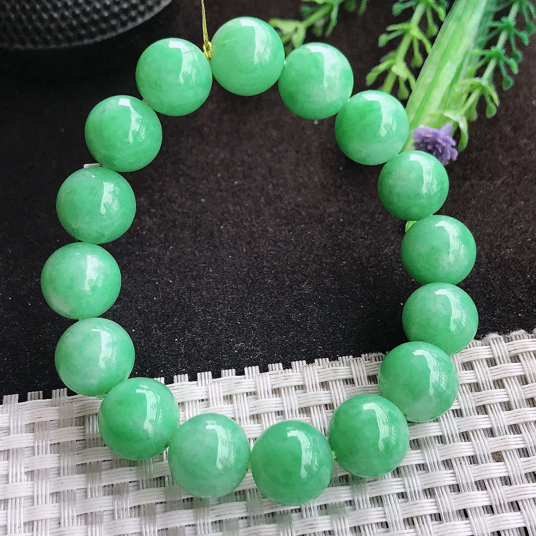 自然光12.8/16颗老坑精美温润满绿圆珠手链翡翠玉珠链女士百搭