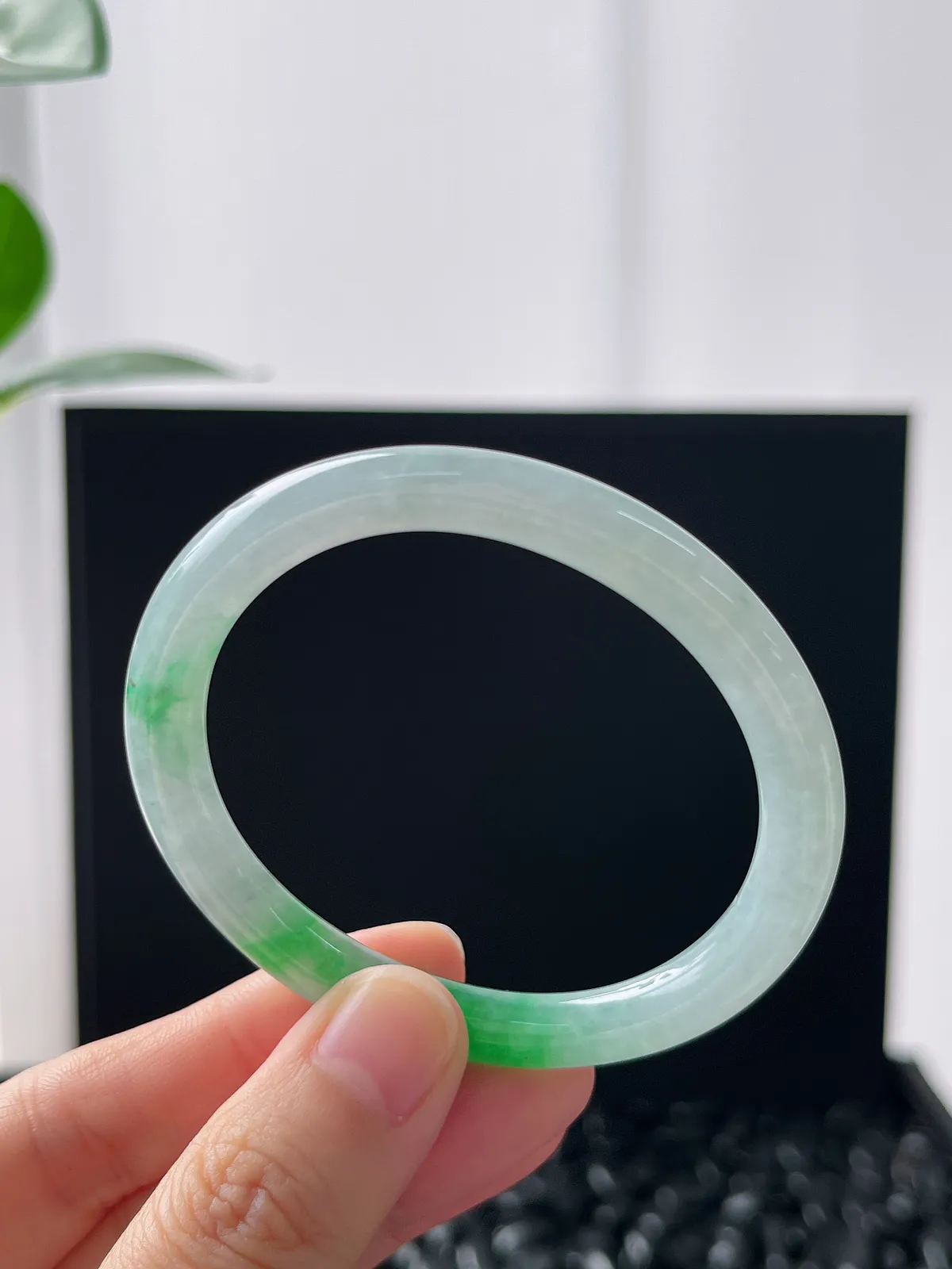 贵妃镯50.3圈口，翡翠冰糯种飘绿手镯