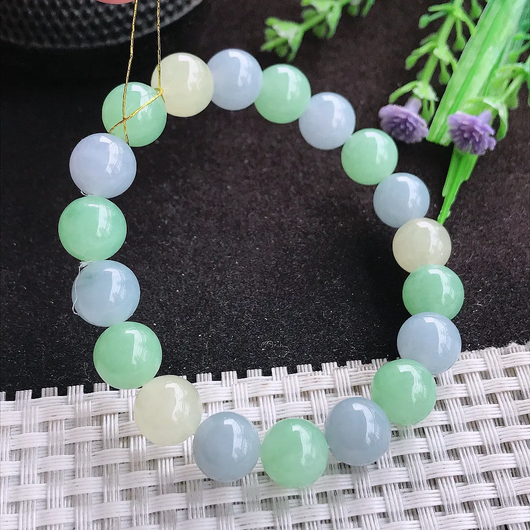 自然光9.8/19颗颗老坑冰胶果冻三彩手链翡翠玉珠圆珠链女士百搭