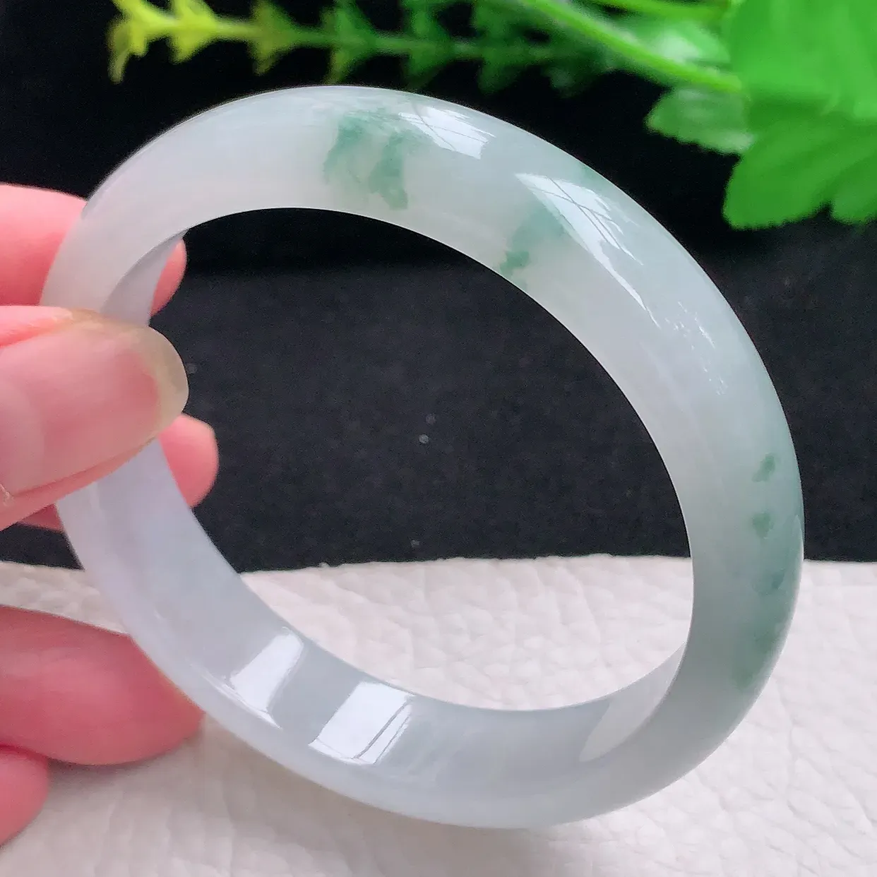 pj自然光58*13*7.3平安镯 天然缅甸翡翠a货冰飘花宽边珠宝玉手镯