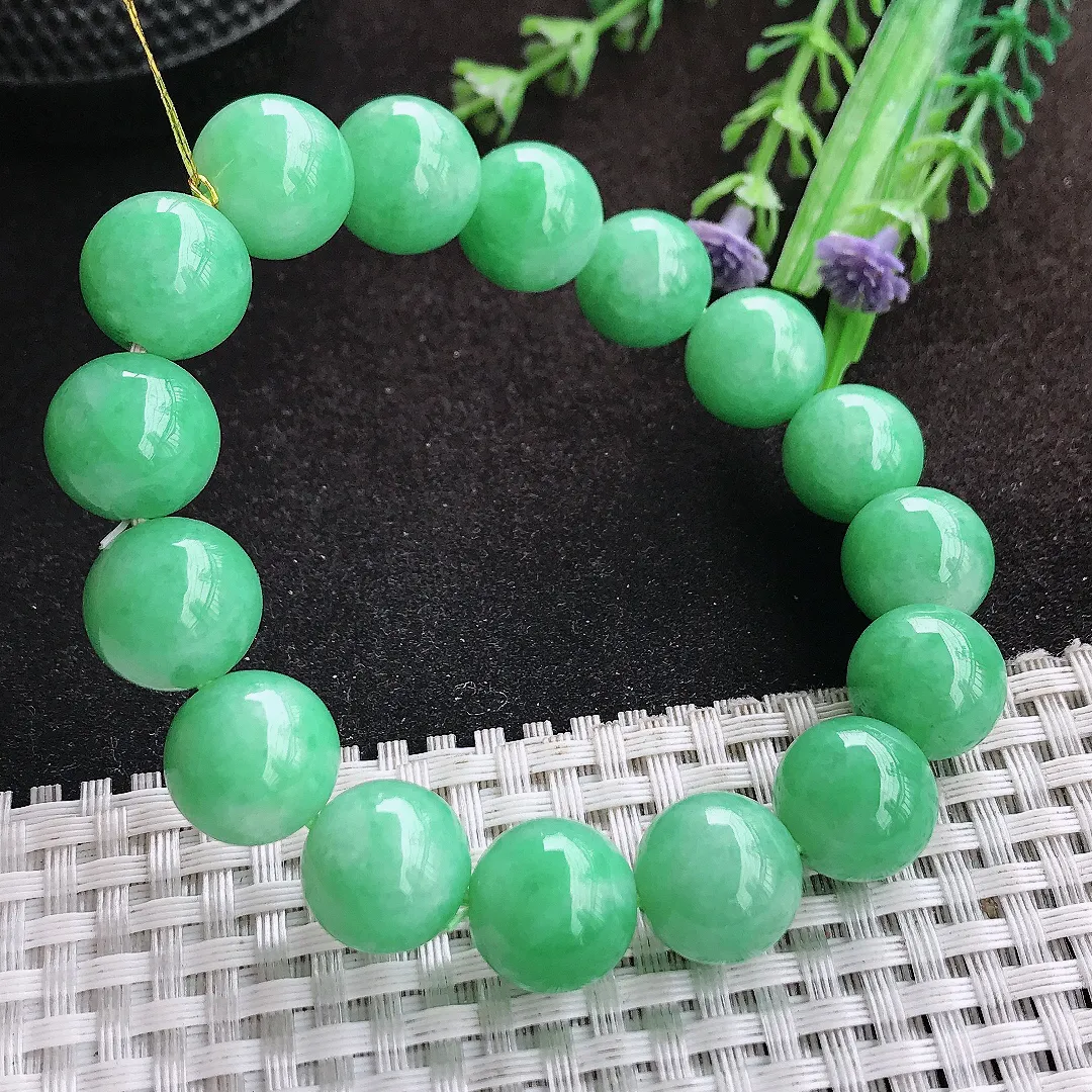 自然光12.8/16颗老坑精美温润满绿圆珠手链翡翠玉珠链女士百搭