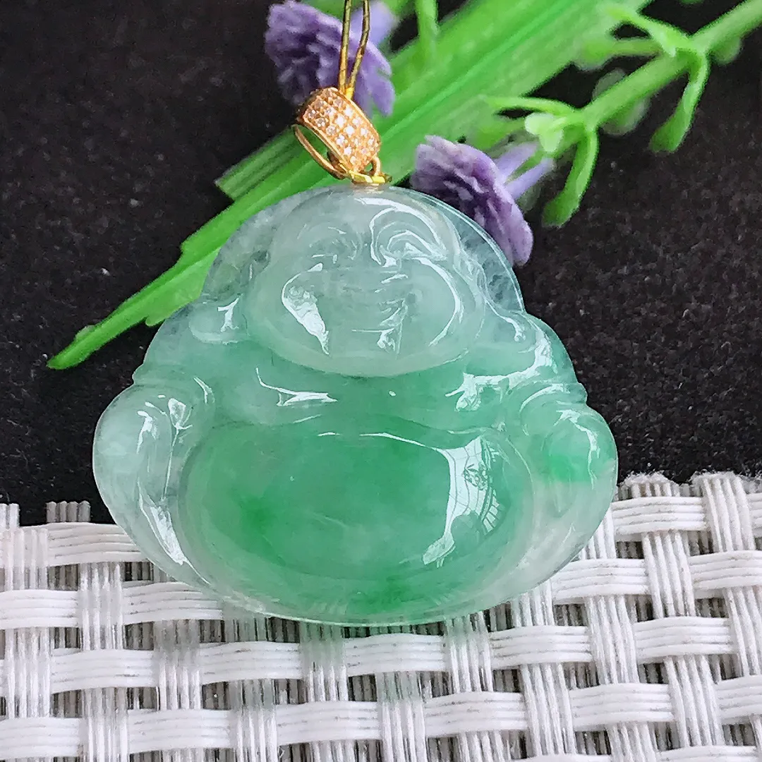 自然光25.8/30/5.8老坑18k金镶嵌冰胶阳绿佛公吊坠翡翠玉坠挂件