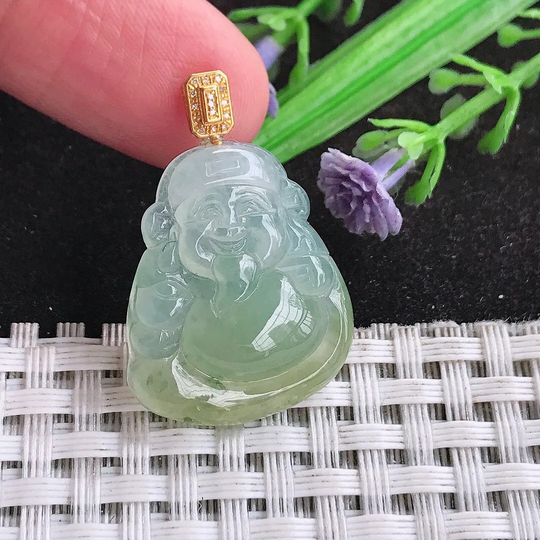 自然光24.6/20.3/4.8老坑18k金镶嵌冰胶果冻黄翡财神爷吊坠翡翠玉坠挂件
