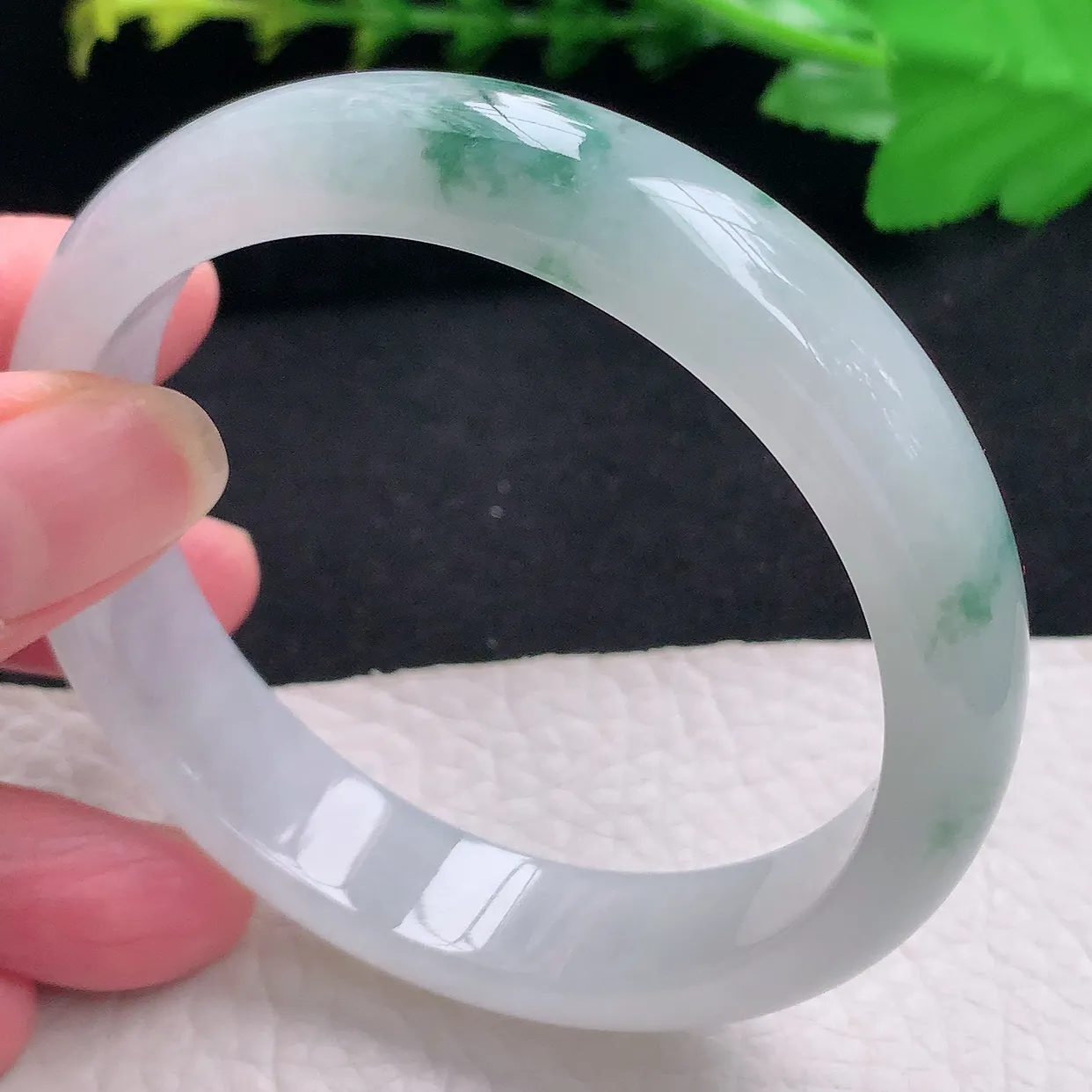 pj自然光58*13*7.3平安镯 天然缅甸翡翠a货冰飘花宽边珠宝玉手镯