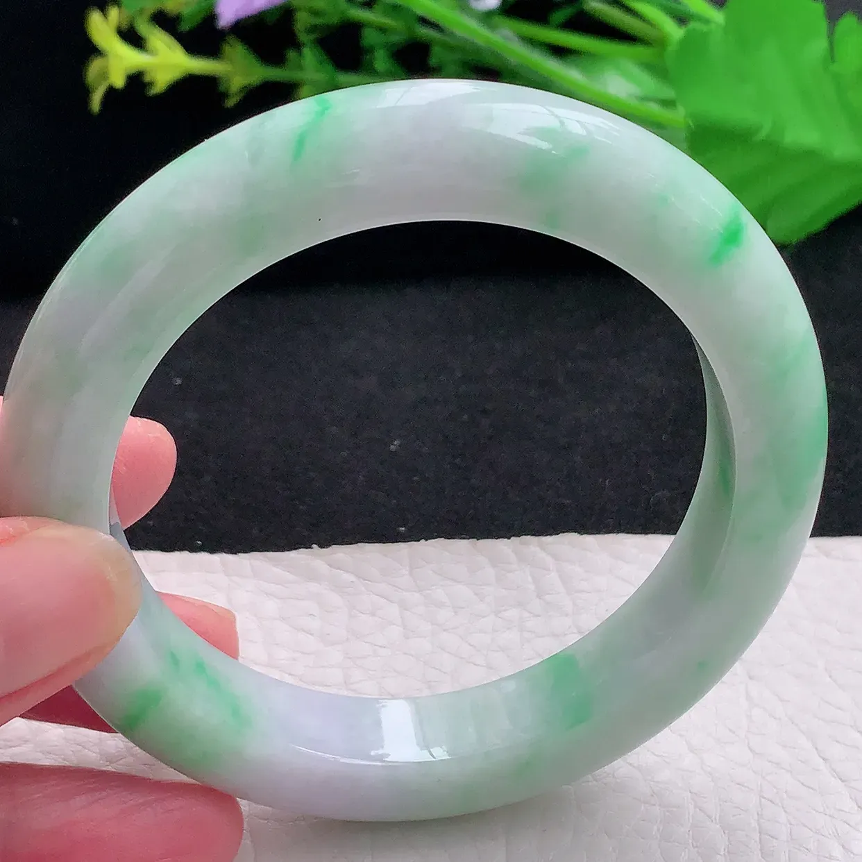 pj自然光58*11.8*10.5平安镯 天然缅甸翡翠a货春带彩厚装宽边珠宝玉手镯