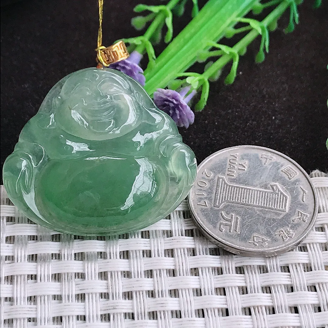 自然光32/36/6.8老坑18k金镶嵌冰胶油绿佛公吊坠翡翠玉坠挂件