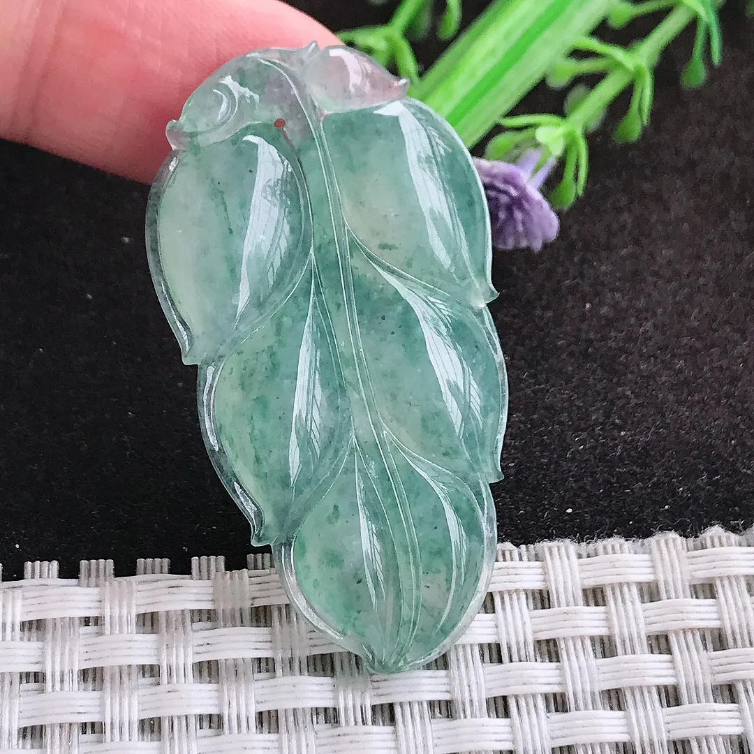 自然光46/26/5.8老坑冰胶果冻飘花叶子吊坠翡翠玉坠挂件