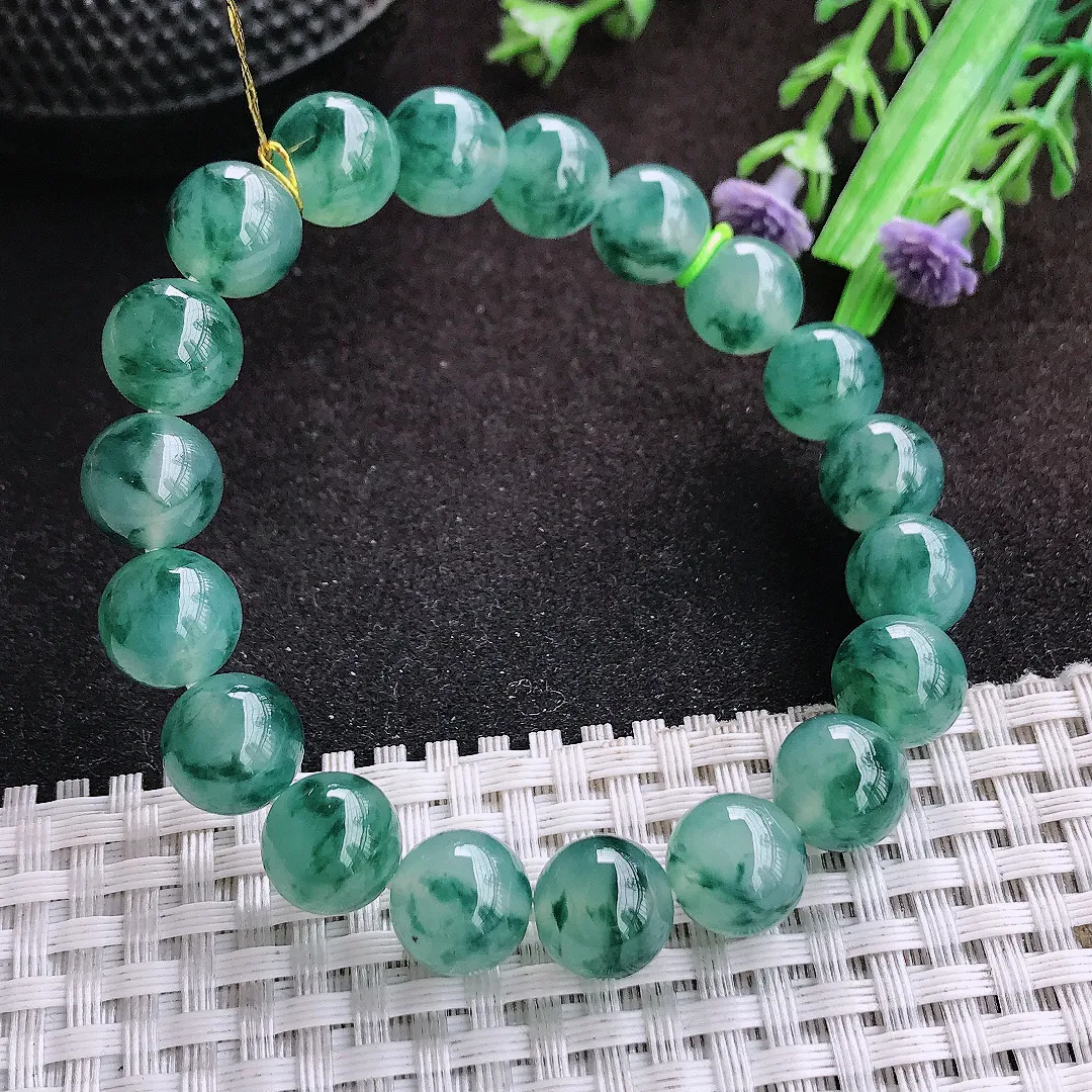 自然光10/19颗老坑冰胶果冻冰飘花玉珠手链翡翠玉珠链女士百搭