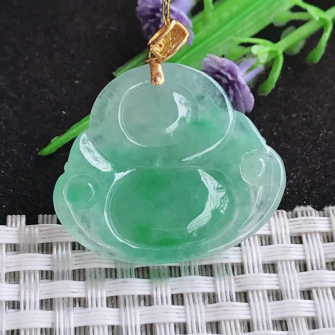 自然光25.8/30/5.8老坑18k金镶嵌冰胶阳绿佛公吊坠翡翠玉坠挂件